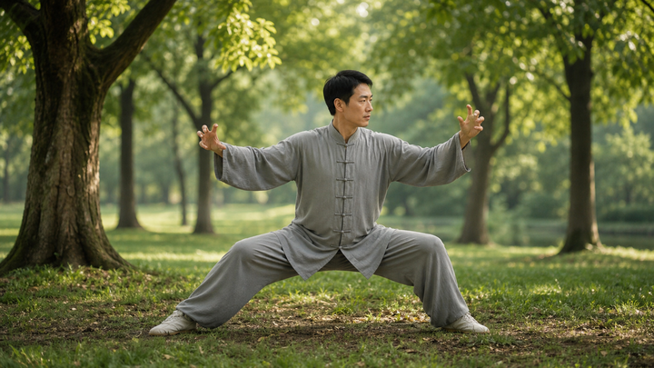 Five Animal Frolics qigong posture in a park