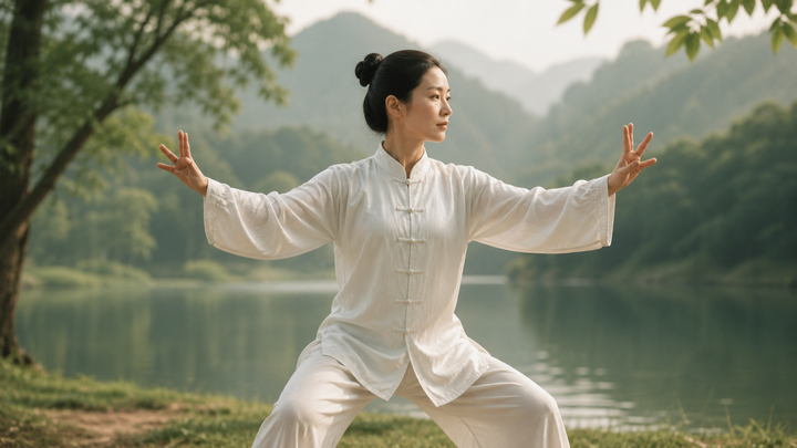 Ba Duan Jin qigong practice beside a lake