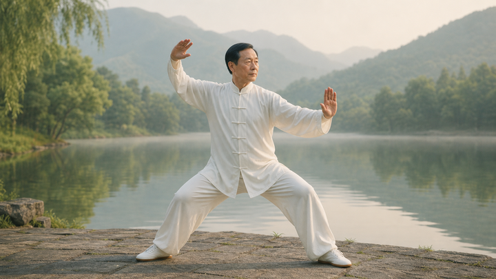 Tai chi movement practice by a mountain lake
